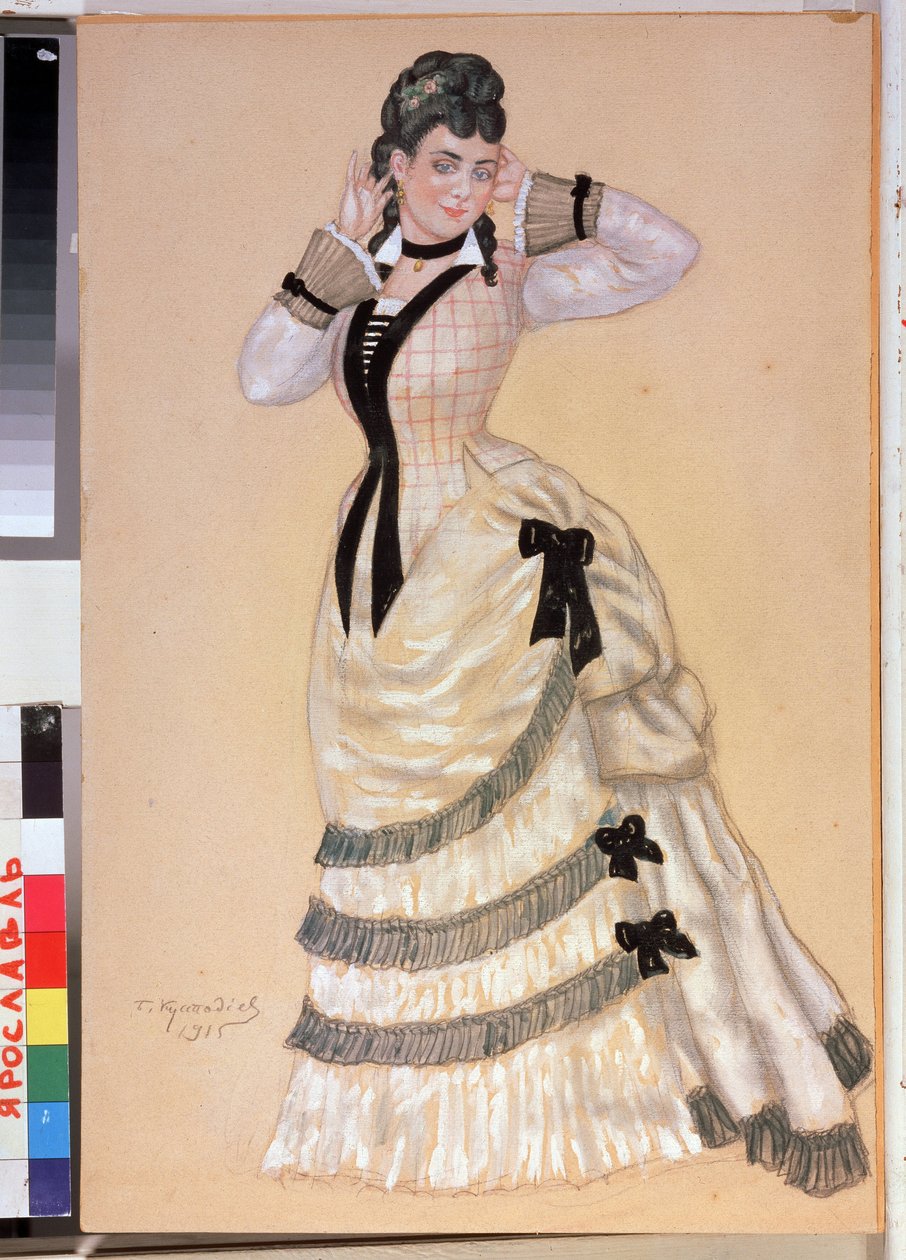Projet de costume feminin pour la peça de teatro Loup et Brebis de Alexandre Ostrovski (1823-1886) (Design de figurino para a peça de teatro Wolfs and Sheeps de A. Ostrovsky). Oeuvre de Boris Michaylovich Kustodiev (Koustodiev) (1878-1927), aquarelle sur c de Boris Mikhailovich Kustodiev