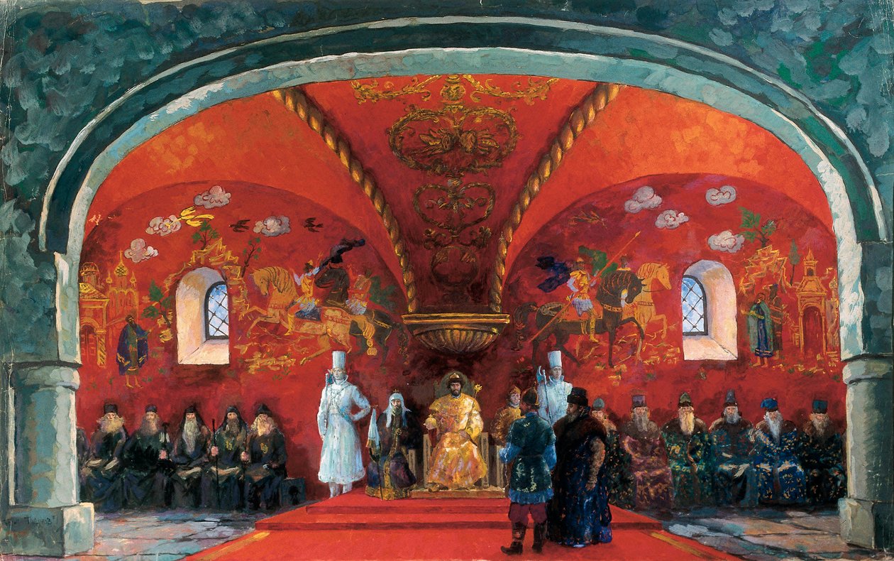 Representação de Boris Fyodorovich Godunov (1551-1605), Czar da Rússia, Décor para a peça de teatro "Boris Godunov" de Alexander Sergeyevich Pushkin (óleo sobre tela) de Boris Mikhailovich Kustodiev