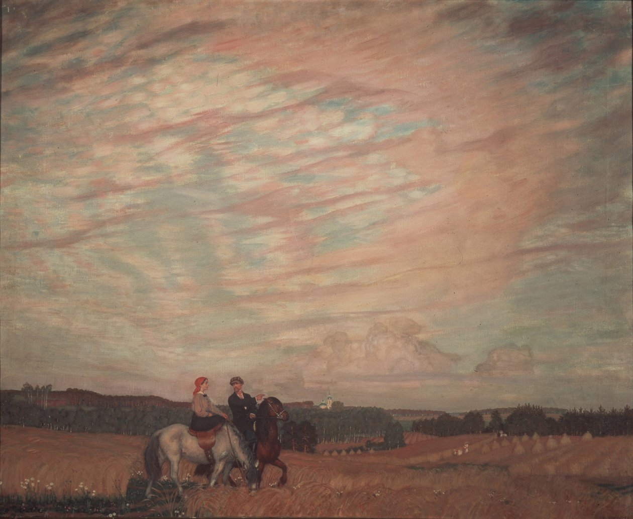 Auto-retrato com a esposa a cavalo, 1915 de Boris Mikhailovich Kustodiev