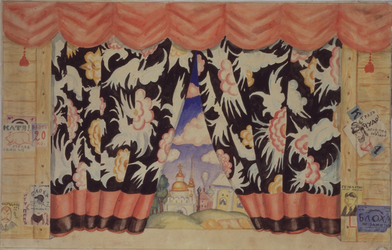 Esboço da cortina para a peça de teatro A pulga de E. Zamyatin, 1925-1926 de Boris Mikhailovich Kustodiev