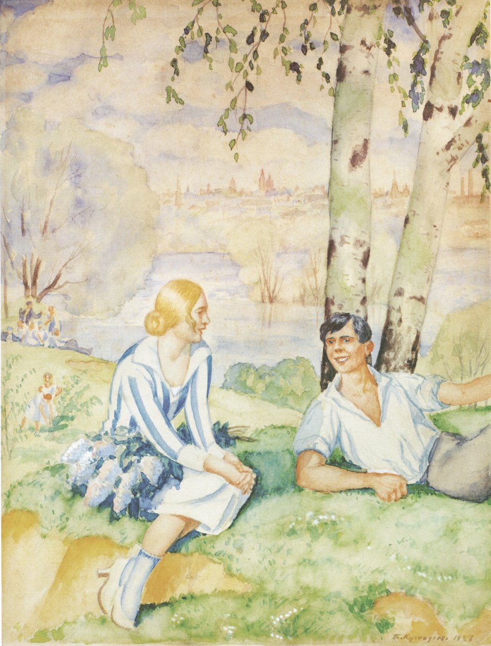 Primavera na margem do rio, 1927 de Boris Mikhailovich Kustodiev