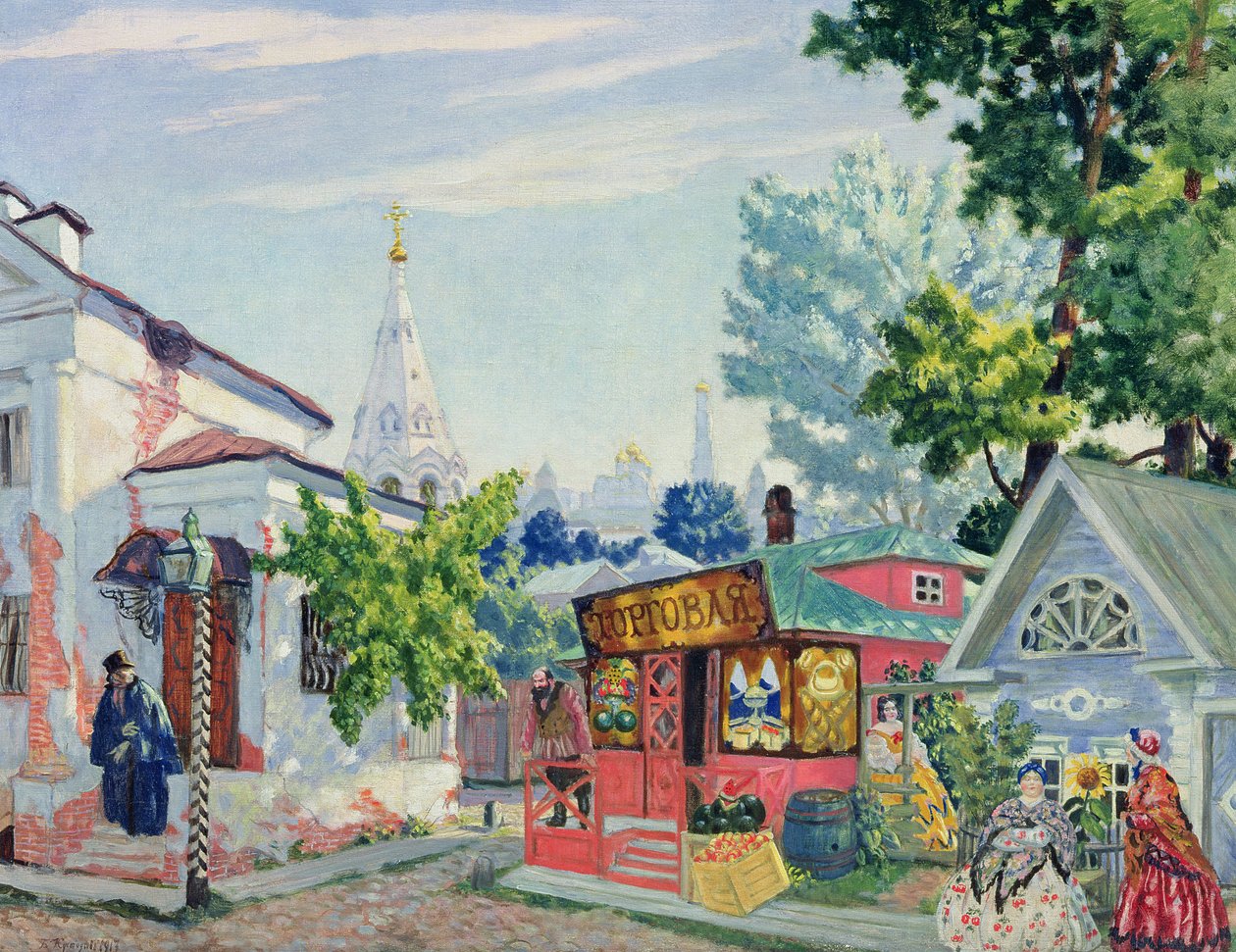 Design de palco para a peça de Ostrovsky &39;The easy money&39;, 1917 (guache e têmpera sobre papelão) de Boris Mikhailovich Kustodiev