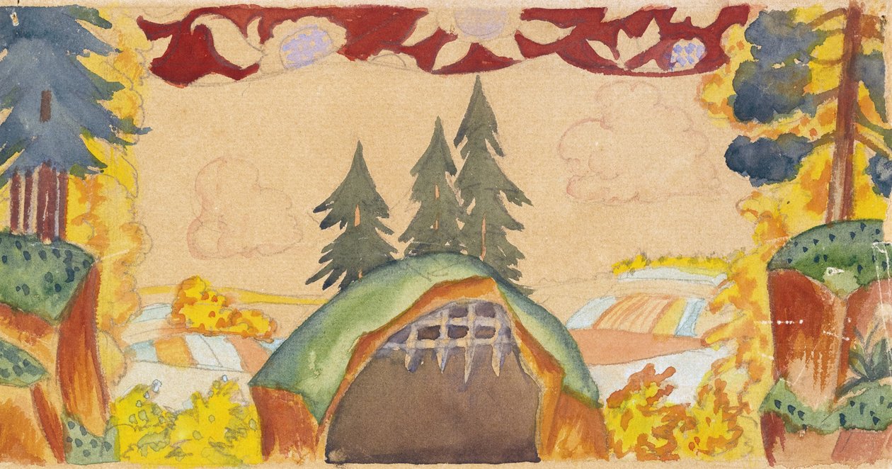 Cenografia para a ópera O galo de ouro de N. Rimsky-Korsakov, 1927 de Boris Mikhailovich Kustodiev