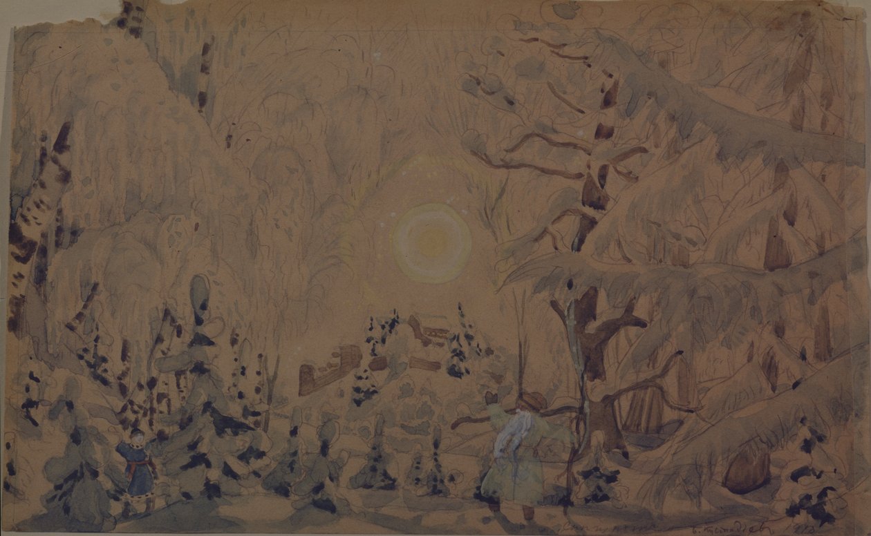 Cenografia da ópera The Snow Maiden de N. Rimsky-Korsakov, 1910 de Boris Mikhailovich Kustodiev