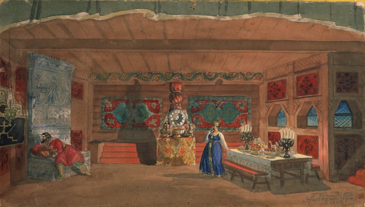 Cenografia da ópera The Tsars Bride, de N. Rimsky-Korsakov, 1920 de Boris Mikhailovich Kustodiev