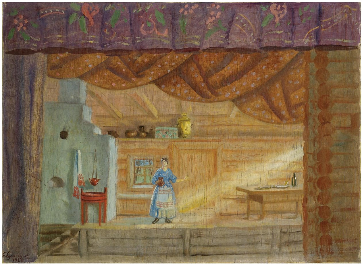 Cenografia da peça Virineya de Lidia Seyfullina, 1925 de Boris Mikhailovich Kustodiev