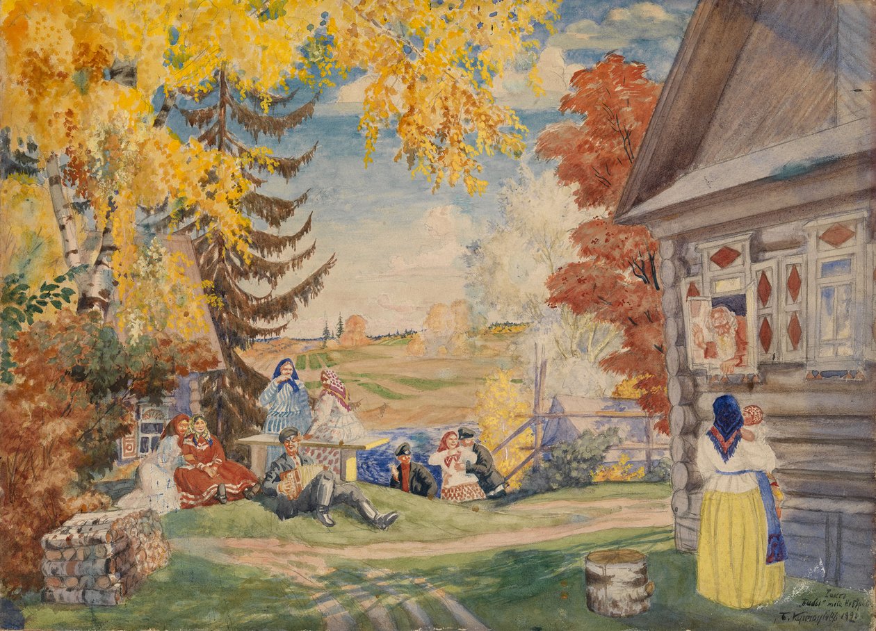 Cenografia da peça de teatro Camponeses por Alexander Neverov, 1920 de Boris Mikhailovich Kustodiev