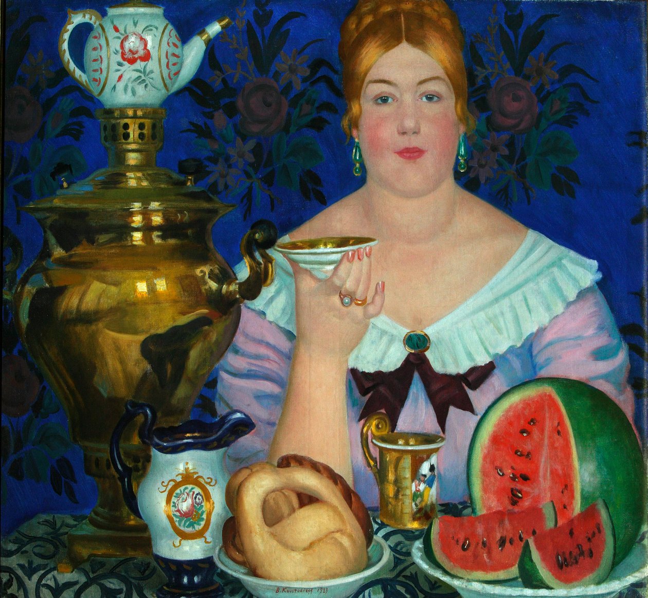 A esposa do comerciante bebendo chá, 1923 de Boris Mikhailovich Kustodiev