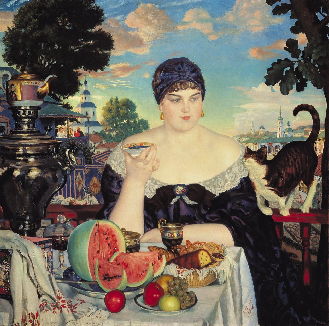 A esposa do comerciante no chá de Boris Mikhailovich Kustodiev