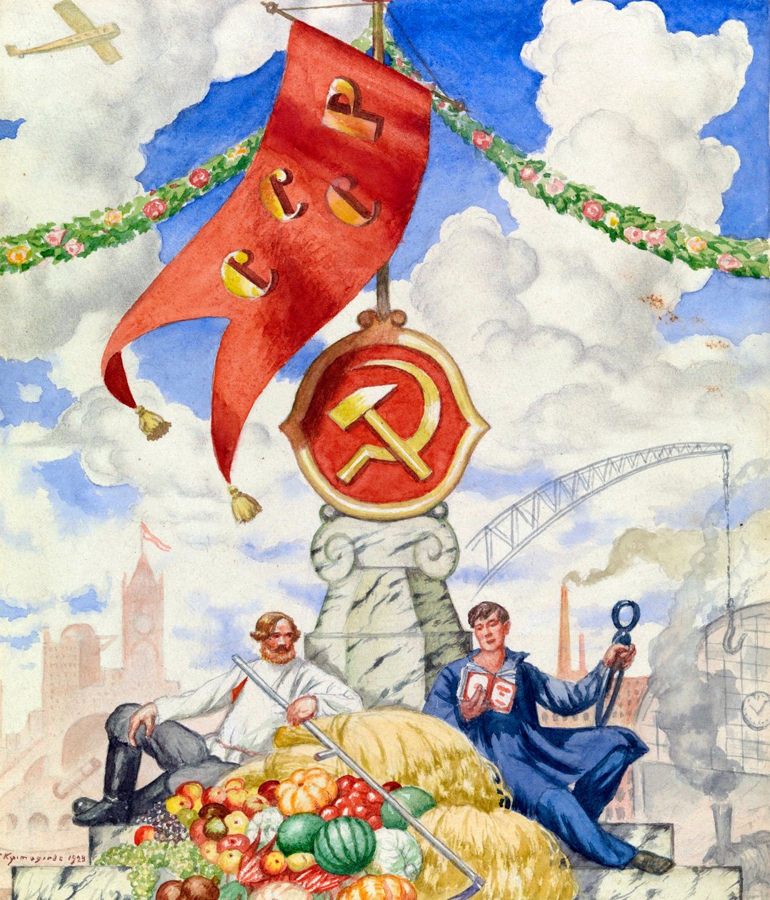 ""Trabalhador e agricultor unidos sob a bandeira comunista"" Cartaz de propaganda de Boris Michaylovich Kustodiev (1878-1927) 1923 Dim 27x23 cm Coleção particular de Boris Mikhailovich Kustodiev