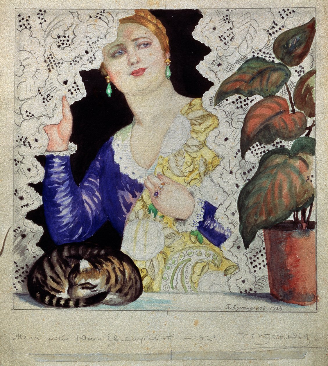 Une femme russe a sa fenetre (Uma garota russa na janela). Uma mulher de cabelos louros e arrumada (vestido, joias, xale e charme) afasta a cortina de renda de sua janela. Na borda, uma planta verde e um gato rolam em uma bola. Obra de Boris Michaylovich K de Boris Mikhailovich Kustodiev