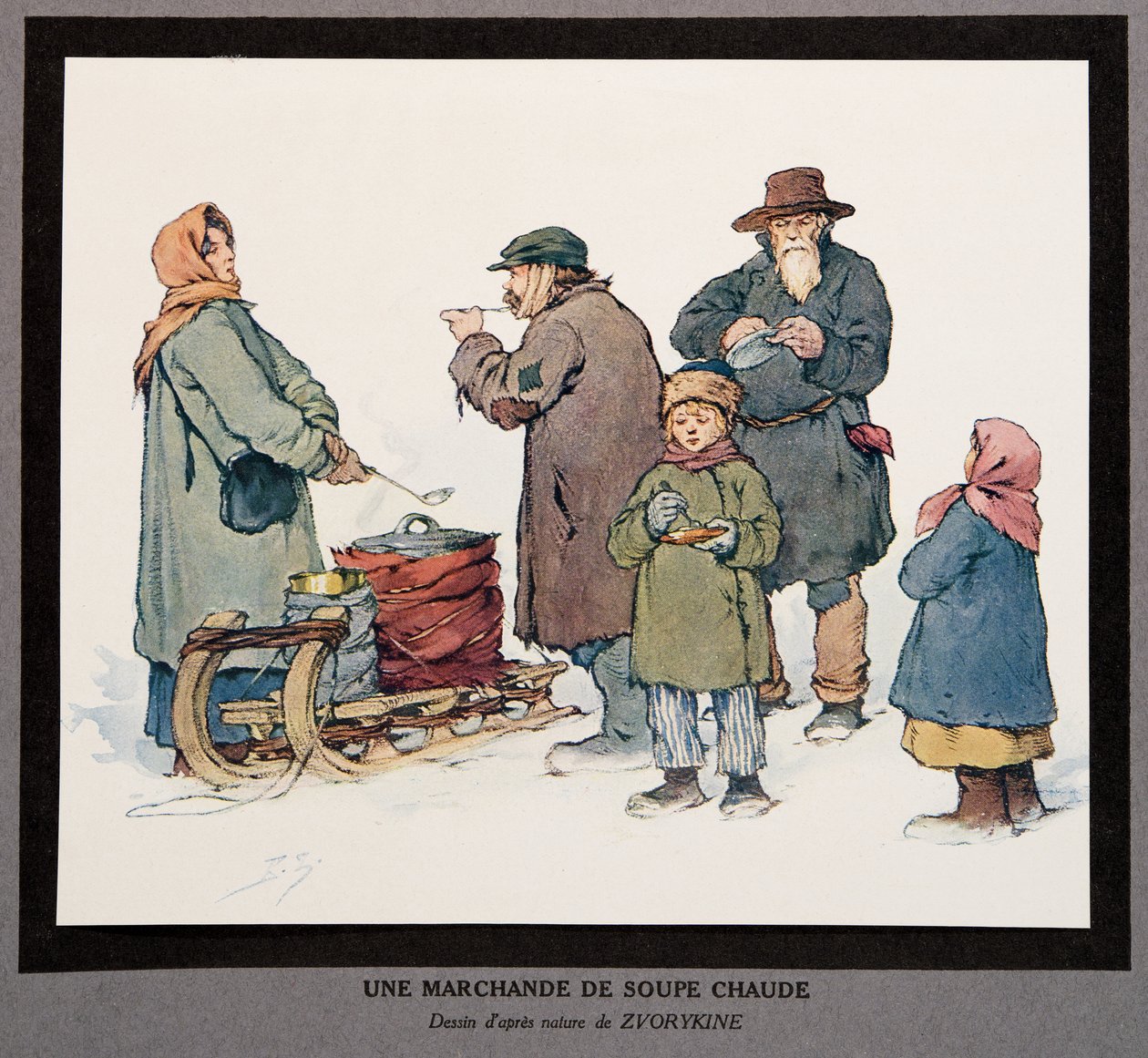 Um Vendedor de Sopa Quente, do Histoire des Soviets, pub. 1922 (cor litho) de Boris Vasilievich Zvorykin