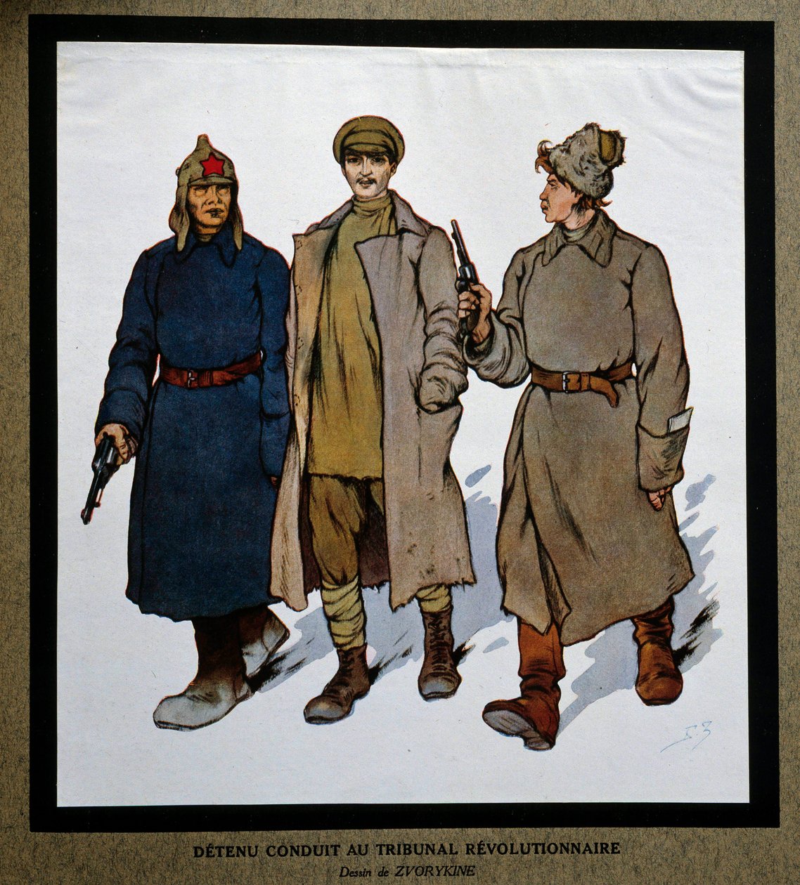Rússia após a Revolução de 1917: "Um detenu trazido para o Tribunal Revolucionário". Desenho de Boris Zvorykin (1872-1935). Instituto de História Social, Montreuil de Boris Vasilievich Zvorykin