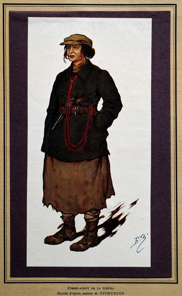 Rússia: agente feminina da cheka revolucionária russa. Desenho de Boris Zvorykine (1872-1935) de Boris Vasilievich Zvorykin