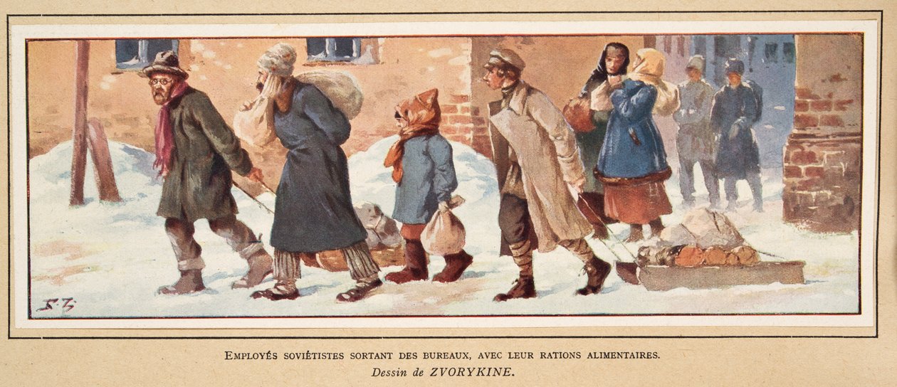 Trabalhadores soviéticos deixando o escritório com suas rações alimentares, da Histoire des Soviets, pub. 1922 (cor litho) de Boris Vasilievich Zvorykin