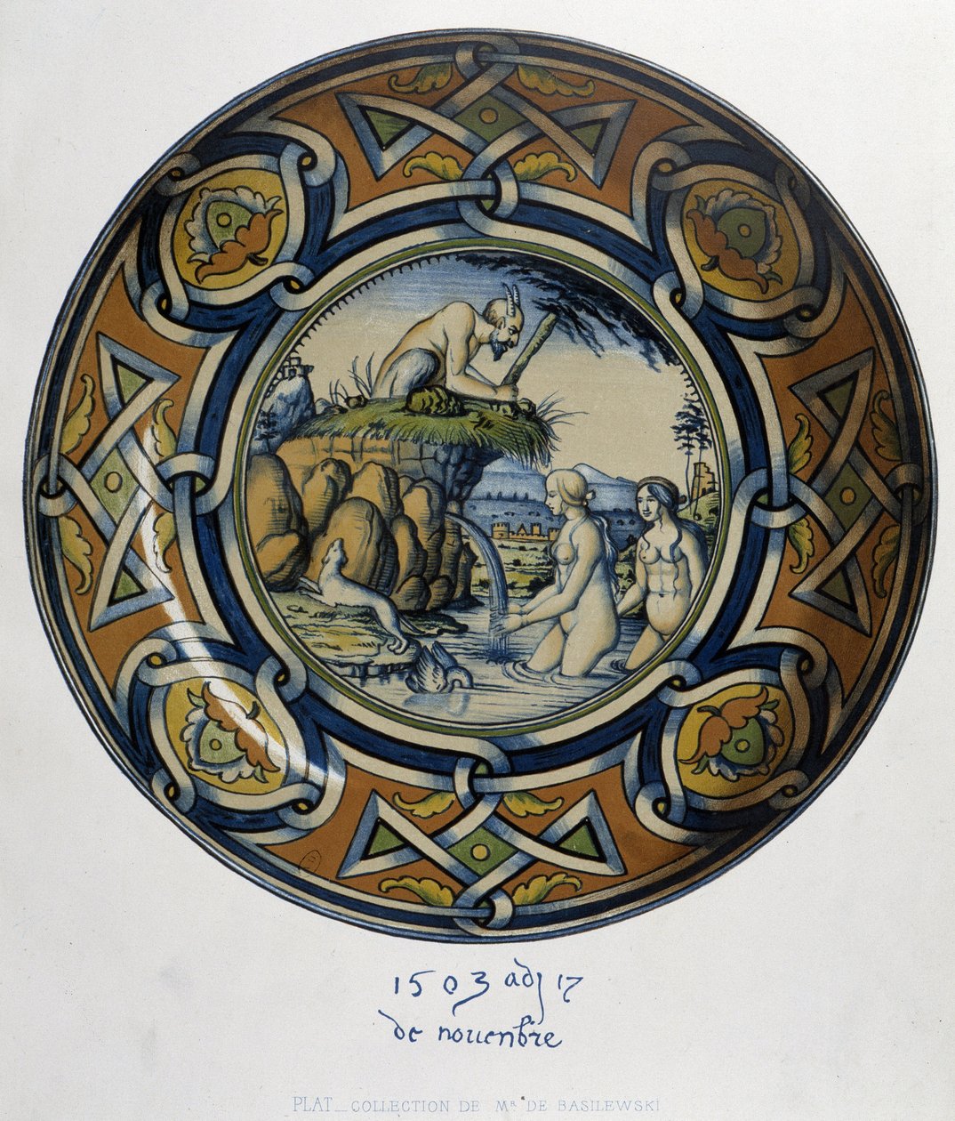 Actéon surprising Artemis (diane) au bain - in "Collection of Italian faiences of the XV, XVI and XVIIIth century", projectado por C. Delange e C. Borneman, ed. Delange, Paris de Bornemann Bornemann