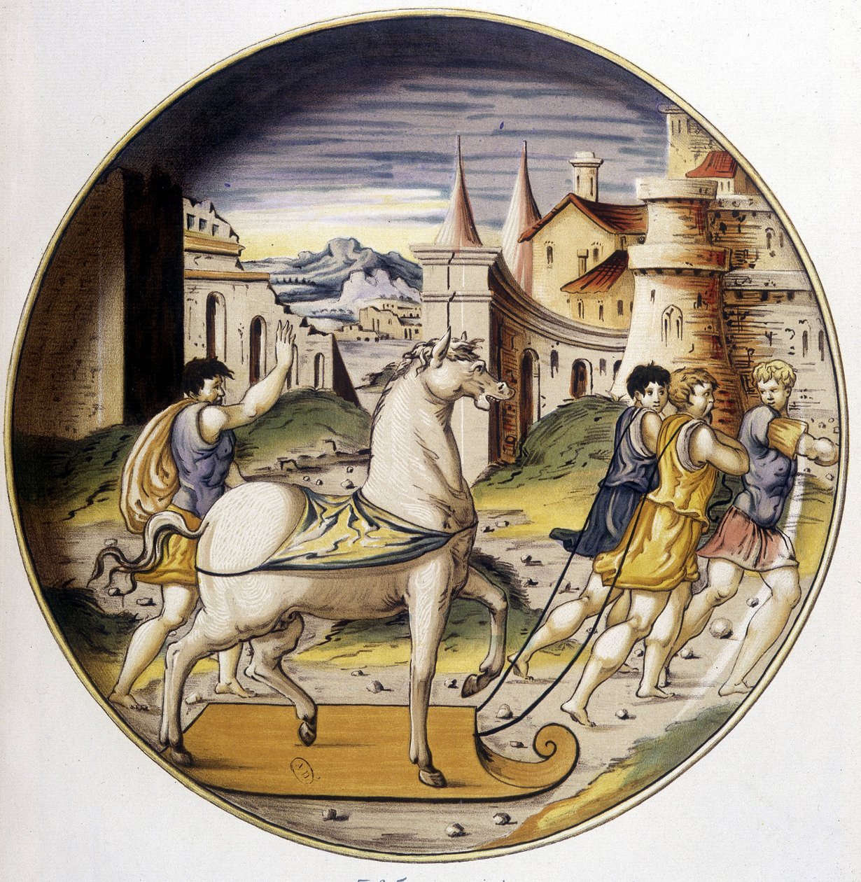 O Cavalo de Tróia - na "Coleção de faianças italianas dos séculos XV, XVI e XVII" desenhada por Carle Delange e Borneman de Bornemann Bornemann