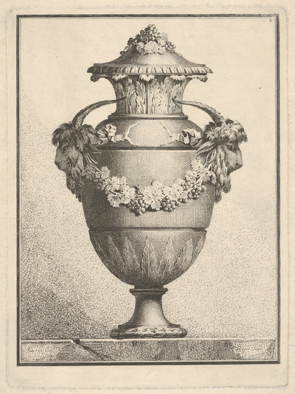 Projeto para um vaso coberto com duas cabeças de cabra e uma guirlanda, 1764. de Bossi