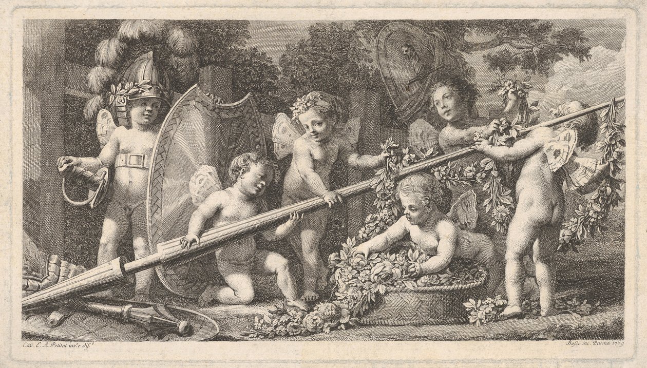 Seis putti brincando com os braços de Marte, quatro segurando uma grande lança, um à esquerda..., 1769. de Bossi