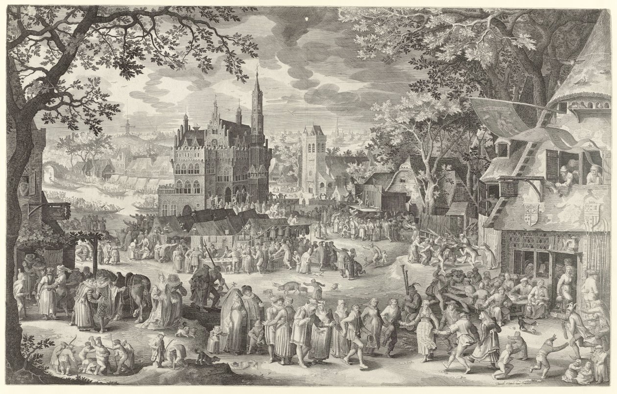 Feira do agricultor em frente à balança na praça da aldeia
Die Boere cermis (título sobre o objecto) de Boëtius Adamsz. Bolswert