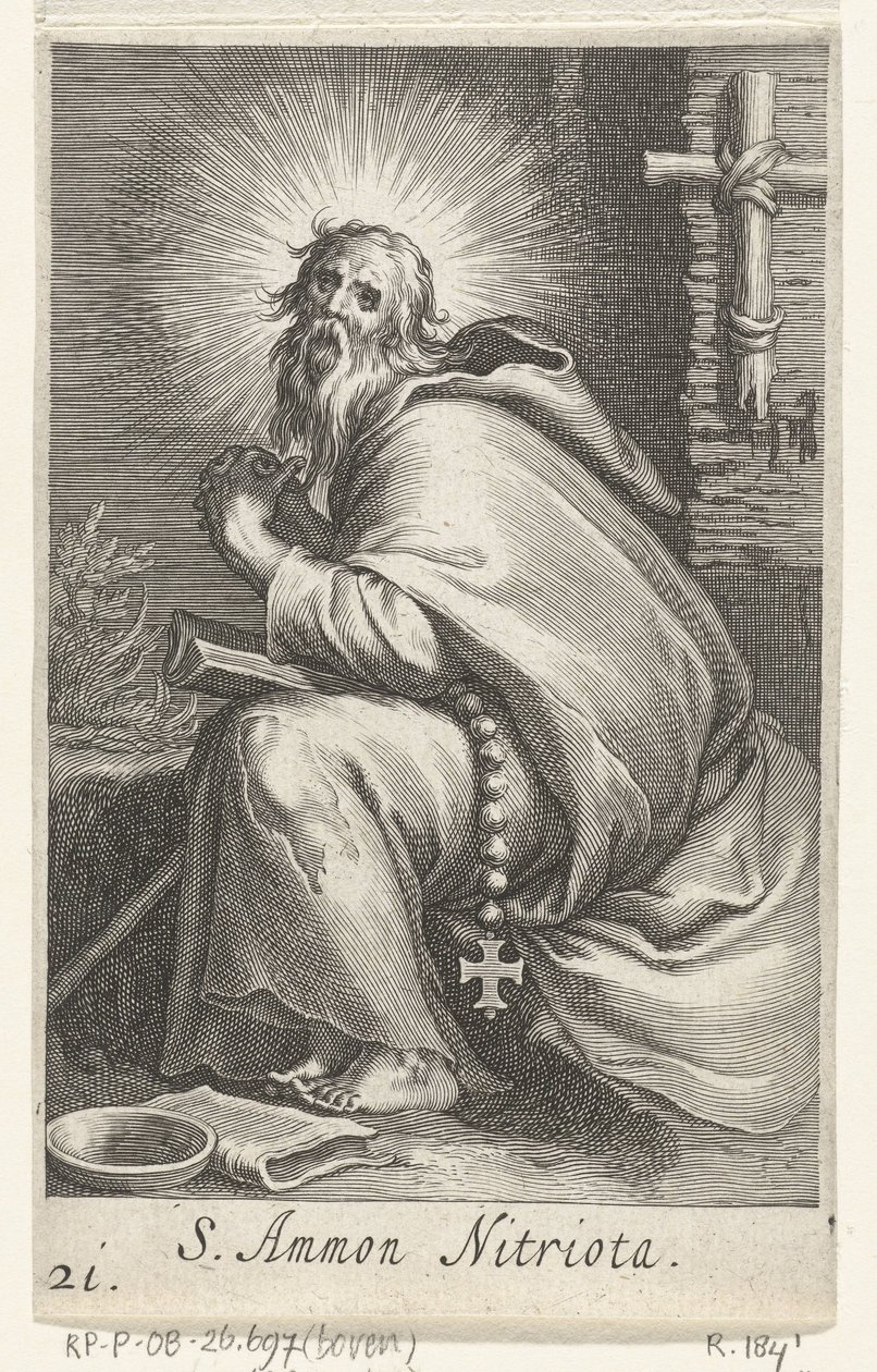 Santo Amônio, o Grande como um eremita S. Ammon Nitriota (título no objeto) Eremitas (título da série) Sacra eremvs ascetarvm (título da série) de Boëtius Adamsz. Bolswert