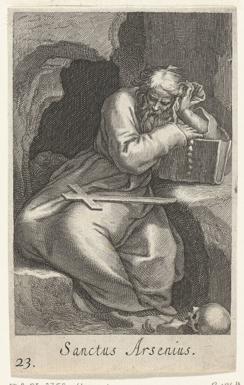 Santo Arsenius, o Grande, como eremita
Sanctus Arsenius (título sobre o objecto)
Eremitas (título da série)
Sacra eremvs ascetarvm (título da série) de Boëtius Adamsz. Bolswert