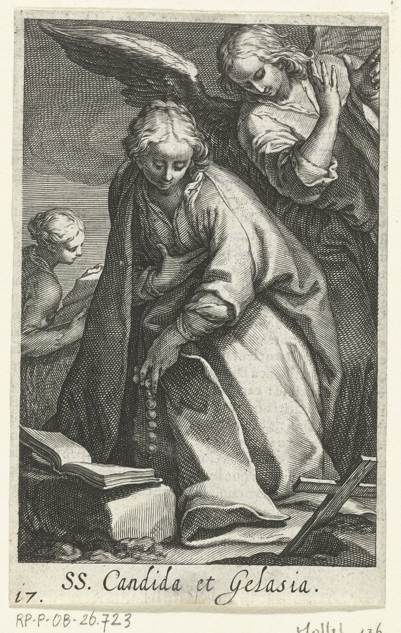 Santa Cândida e Santa Gelasia como eremitas com anjo
SS. Candida et Gelasia (título sobre o objecto)
Eremitesses (título da série)
Sacra Eremus Ascetriarum (título da série) de Boëtius Adamsz. Bolswert