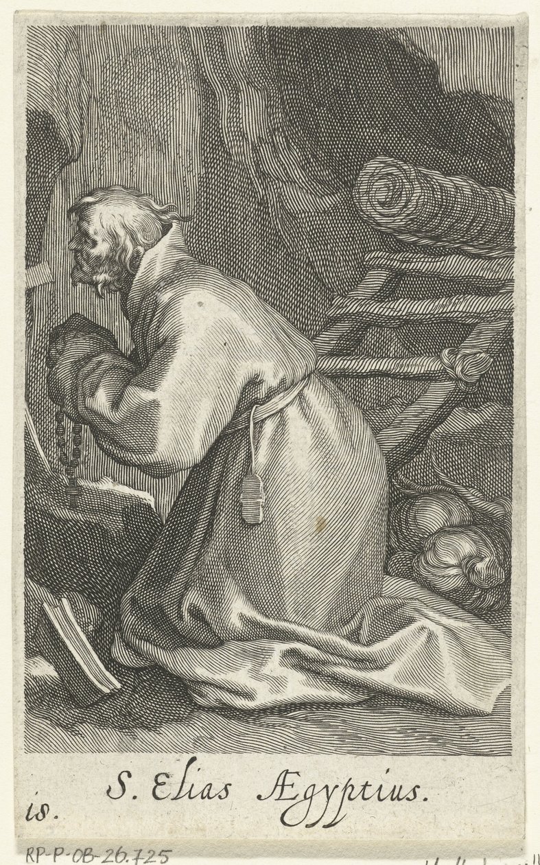 Santo Elias de Cesareia como um eremita S. Elias Aegyptius (título no objeto) Eremitas (título da série) Sacra eremvs ascetarvm (título da série) de Boëtius Adamsz. Bolswert