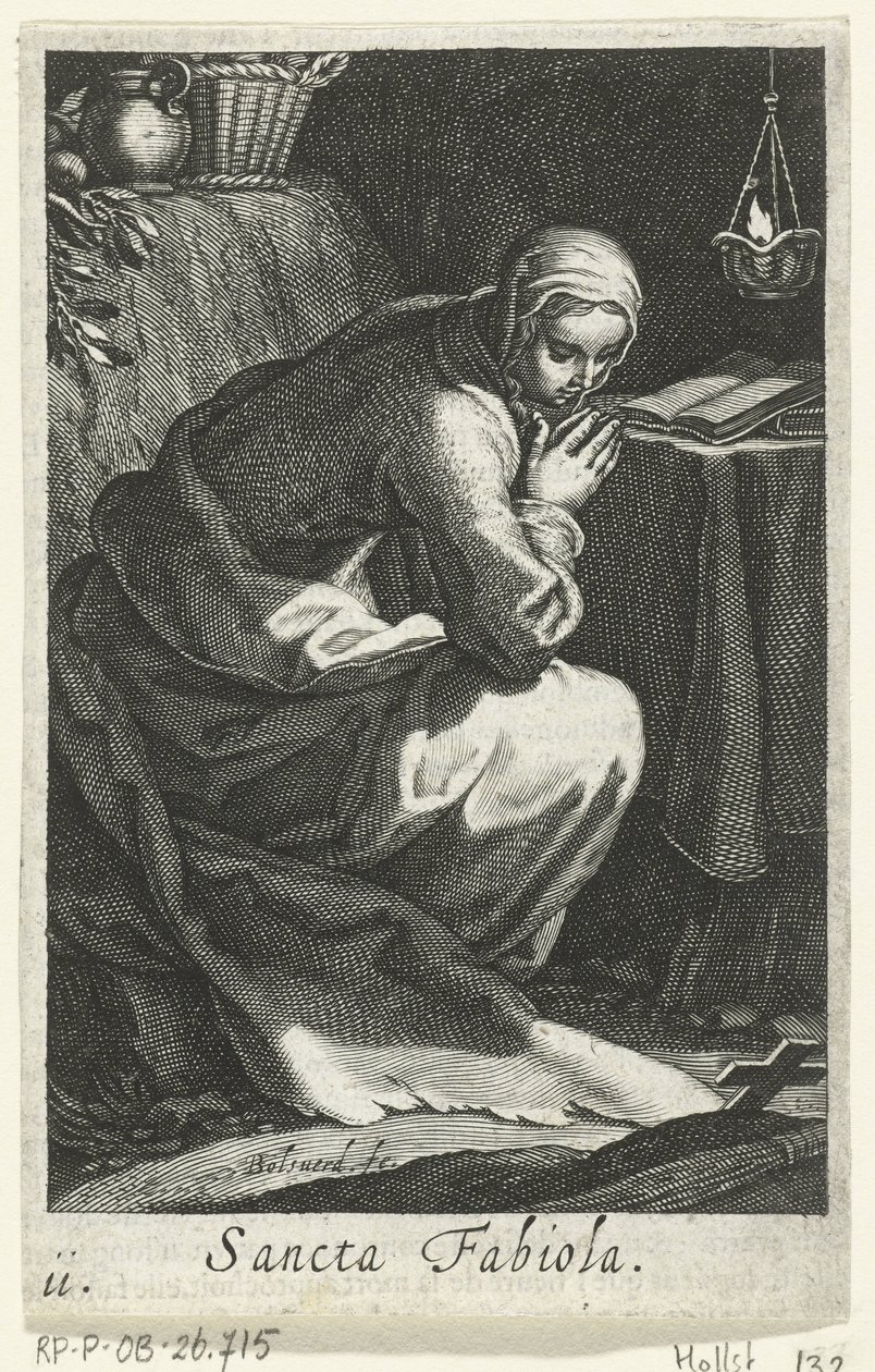 Santa Fabíola de Roma como ermitã
Sancta Fabiola (título sobre o objecto)
Eremitesses (título da série)
Sacra Eremus Ascetriarum (título da série) de Boëtius Adamsz. Bolswert