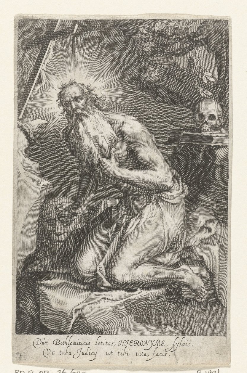 São Jerónimo de Belém como eremita
Dùm Bethlemiticis latitas (...) tibi tuta facis (título sobre o objecto)
Eremitas (título da série)
Ad sacrum speculum (...) patribus dat ales (título da série) de Boëtius Adamsz. Bolswert