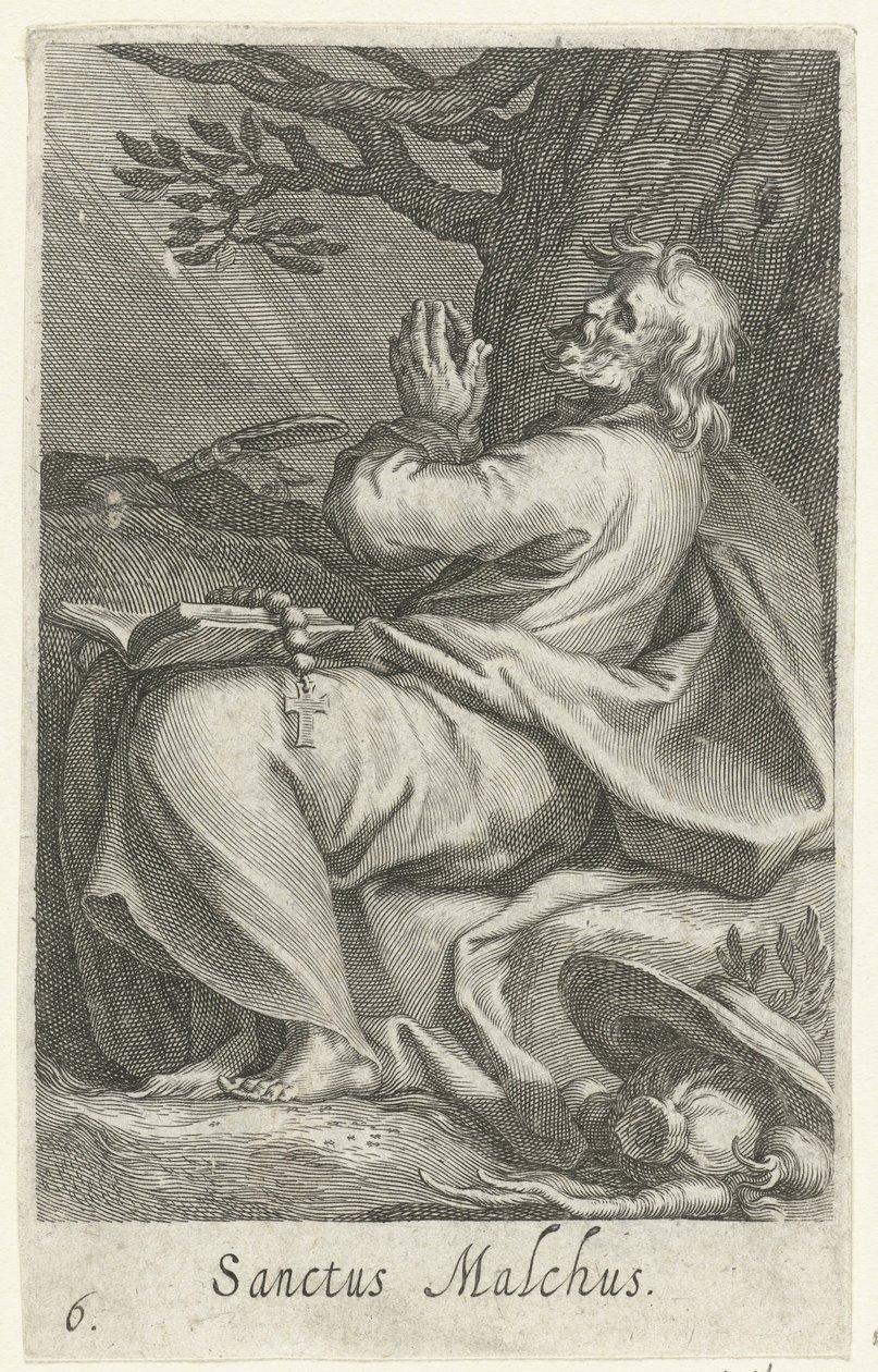 São Malco de Cálcis como um eremita Sanctus Malchus (título no objeto) Eremitas (título da série) Sacra eremvs ascetarvm (título da série) de Boëtius Adamsz. Bolswert