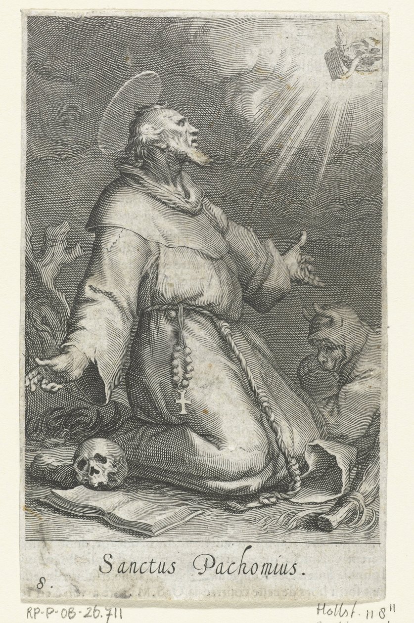 São Pacômio o Velho como um eremita Eremitas (título da série) Sacra eremvs ascetarvm (título da série) de Boëtius Adamsz. Bolswert