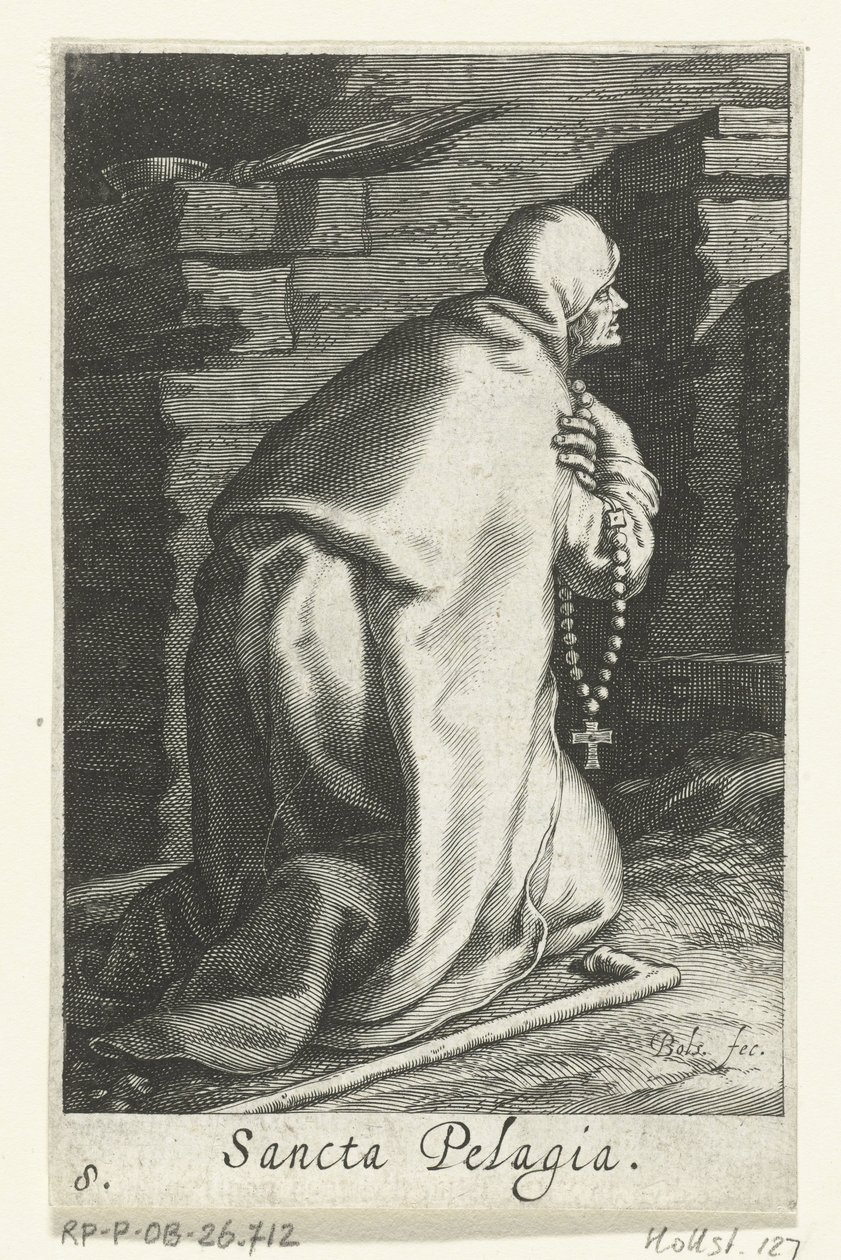 Santa Pelagia de Antioquia como ermitã
Sancta Pelagia (título sobre o objecto)
Eremitesses (título da série)
Sacra Eremus Ascetriarum (título da série) de Boëtius Adamsz. Bolswert
