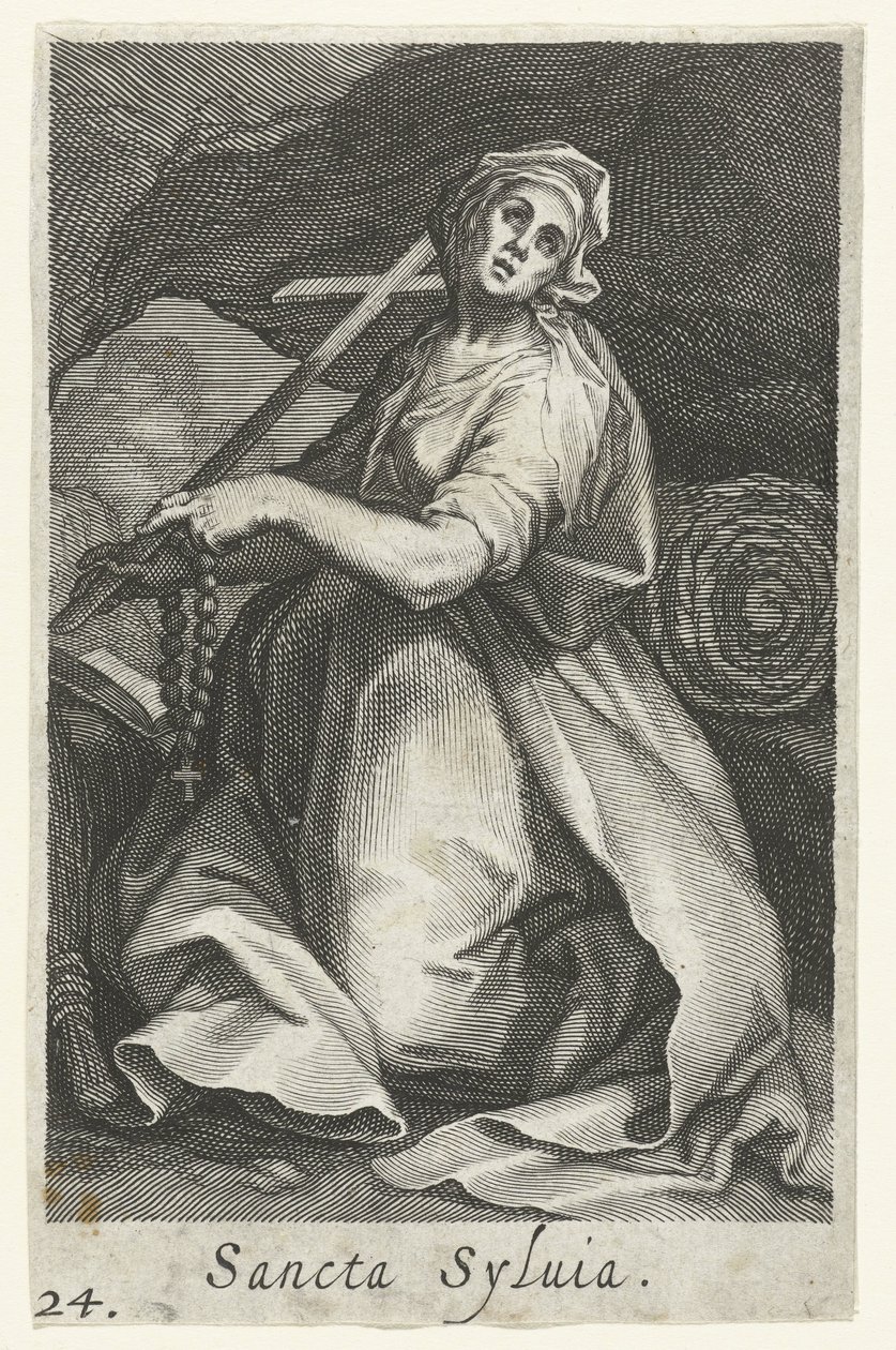 Santa Sílvia de Roma como ermitã
Sancta Syluia (título sobre o objecto)
Eremitesses (título da série)
Sacra Eremus Ascetriarum (título da série) de Boëtius Adamsz. Bolswert
