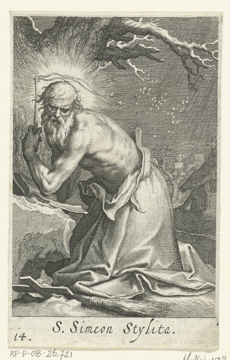 São Simeão Estilos o Ancião como ermitão
S. Simeon Stylita (título sobre o objecto)
Eremitas (título da série)
Sacra eremvs ascetarvm (título da série) de Boëtius Adamsz. Bolswert