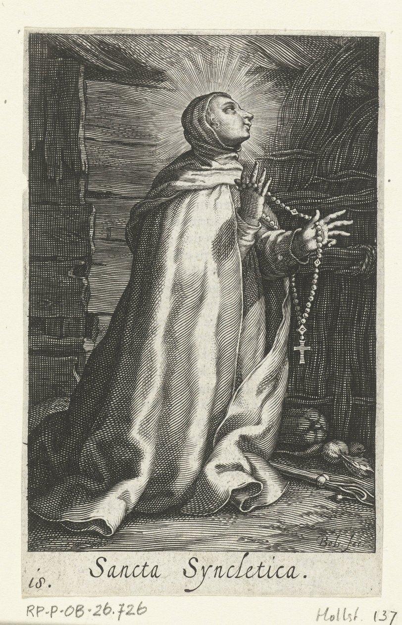 Santa Síncletica de Alexandria como eremita
Sancta Syncletica (título sobre o objecto)
Eremitesses (título da série)
Sacra Eremus Ascetriarum (título da série) de Boëtius Adamsz. Bolswert