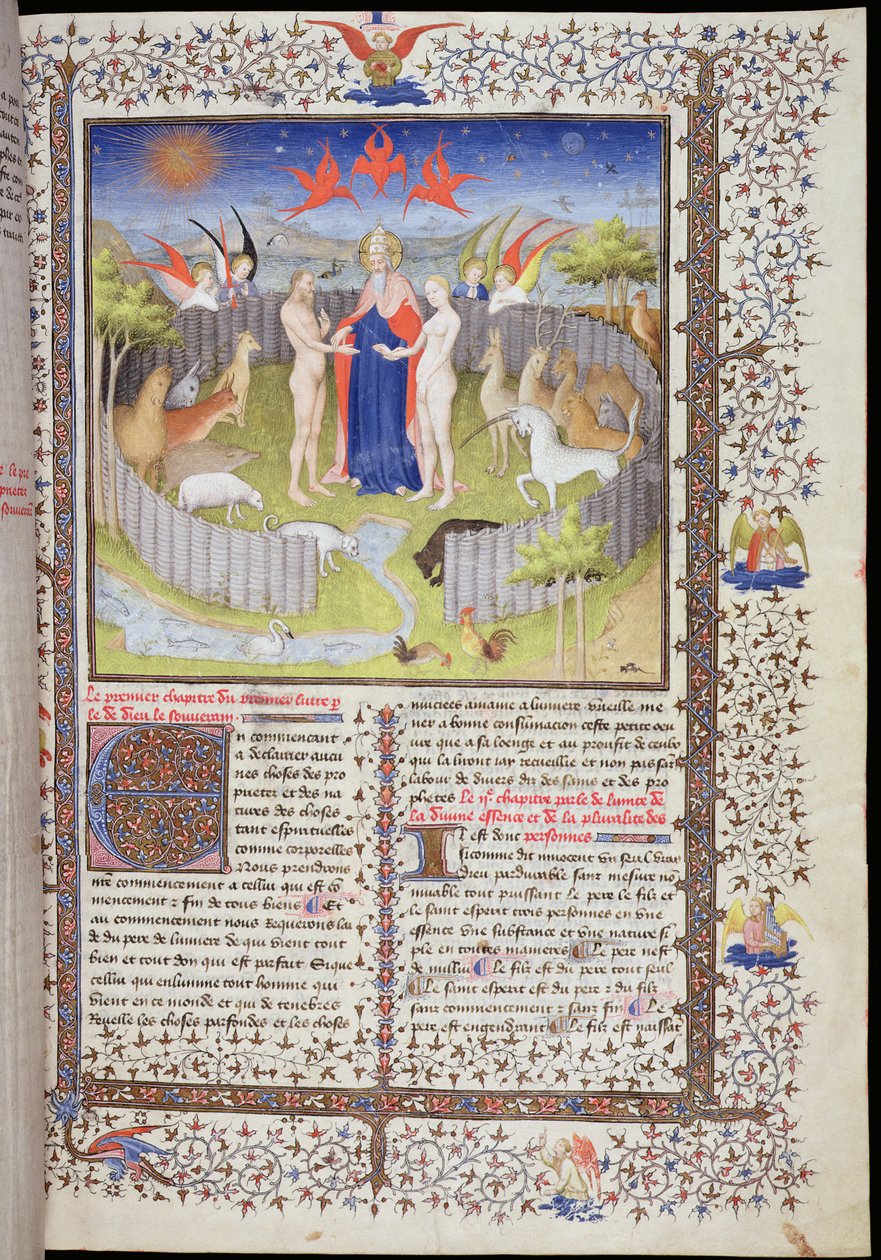 Ms 251 f.16r O casamento de Adão e Eva de &39;Des Proprietes De Chozes&39; por Jean Corbechon, c.1415 (folha de ouro, tinta dourada e têmpera sobre pergaminho) (ver 84914) de Boucicaut Master