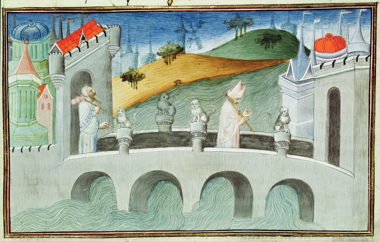 Ms 2810 f.49, A ponte sobre o Lou-Keou, uma província perto de Pequim, do "Livro das Maravilhas do Mundo", c.1410-12 (tempera sobre velino) de Boucicaut Master