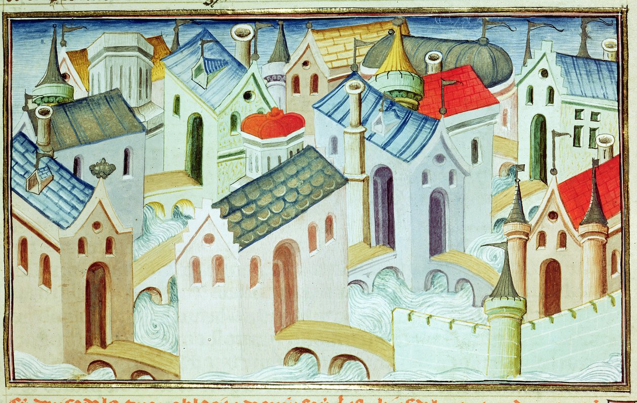 Ms 2810 f.67, A cidade de Kinsai, do "Livro das Maravilhas do Mundo", c.1410-12 (tempera sobre velino) de Boucicaut Master