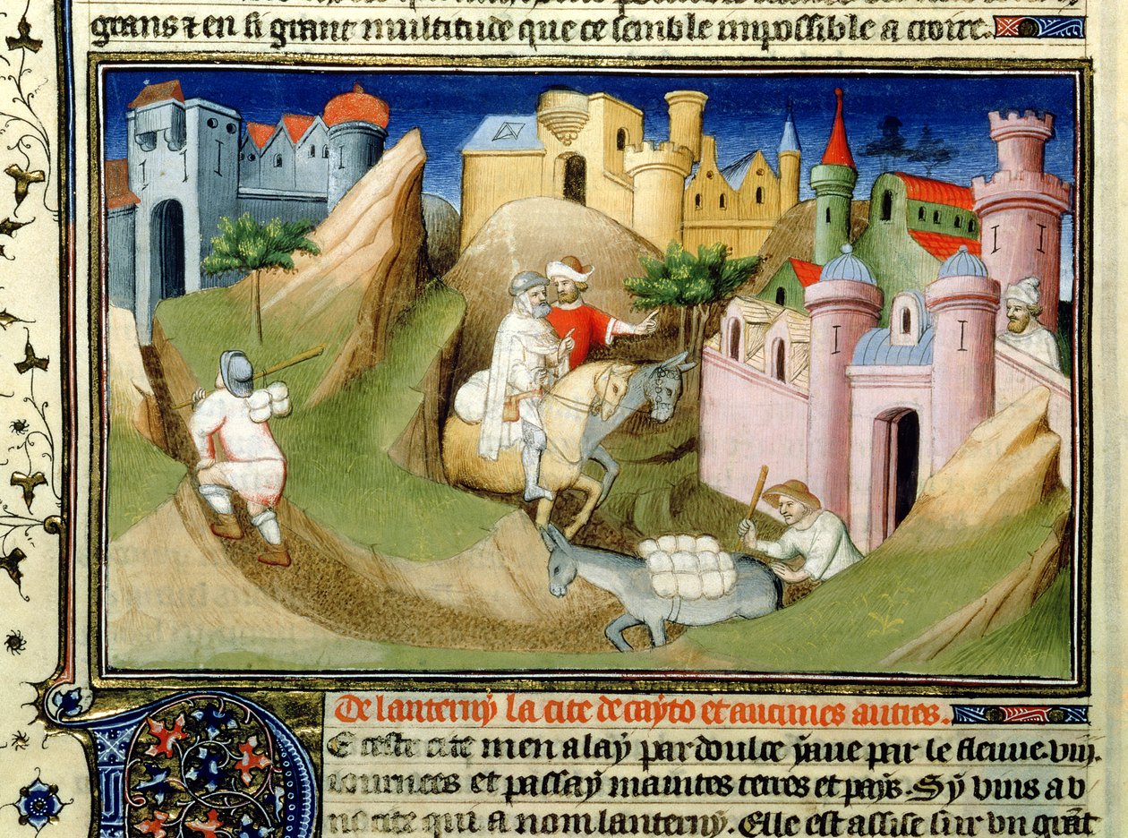 Sra. Fr 2810 f.110v, Viajantes fora de Pequim com Odorico de Pordenone, do &39;Livro das Maravilhas do Mundo&39;, c.1410-12 (têmpera sobre velino) de Boucicaut Master