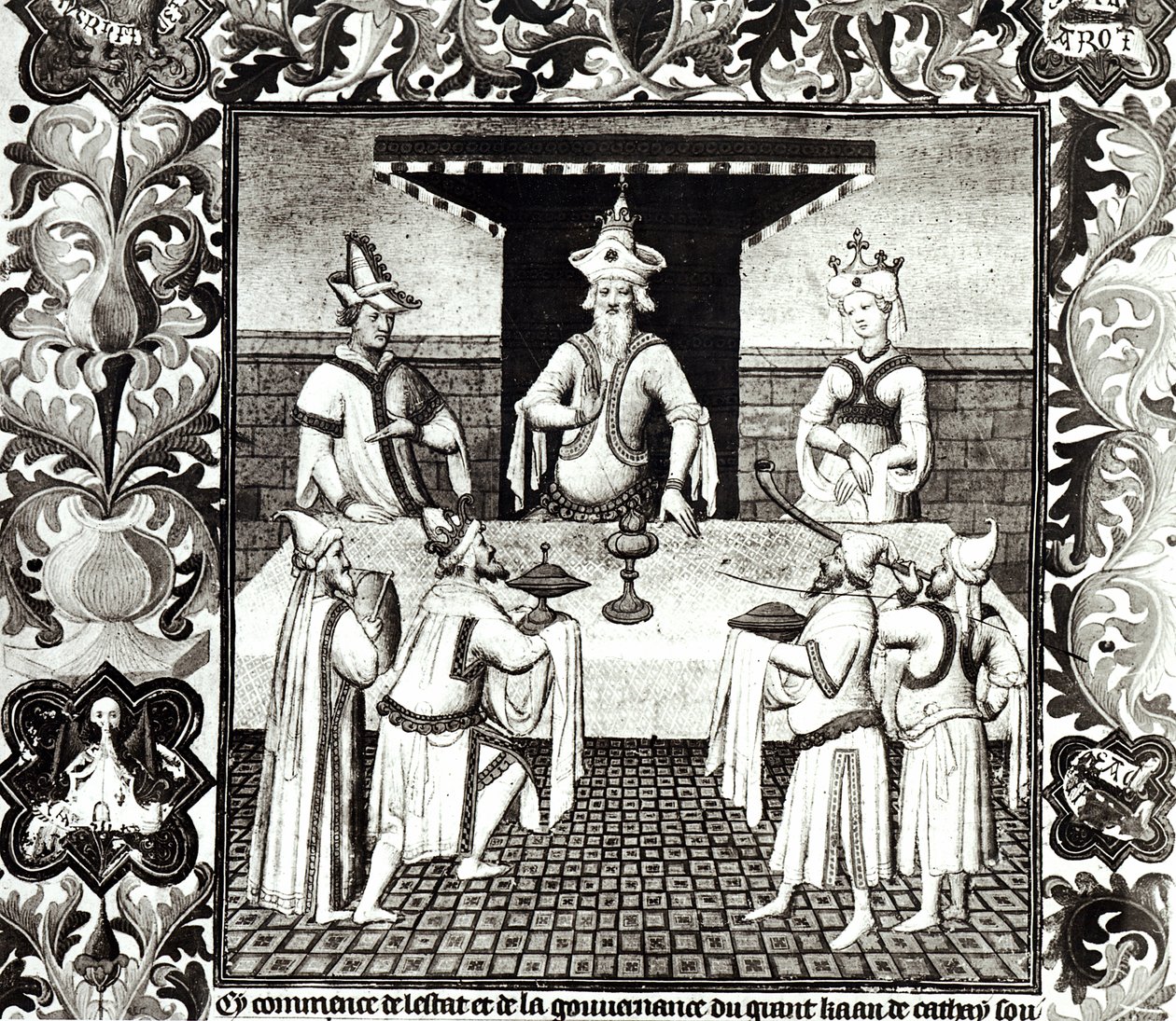 Fr. Pe 2810 f.136v, Festa do Grande Khan, de &39;As Maravilhas do Mundo&39;, c.1410-12 (tempera sobre velino) (ver também 167306) de Boucicaut Master