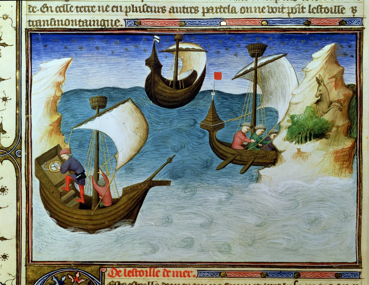 Sra. Fr 2810 f.188, Navegantes usando um astrolábio no Oceano Índico, do &39;Livre des Merveilles du Monde&39;, c.1410-12 (têmpera sobre velino) de Boucicaut Master