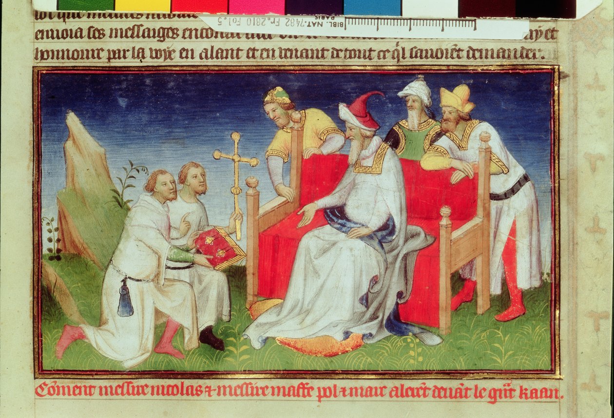 Sra. Fr 2810 f.5, Nicolo e Marco Polo diante do Grande Khan, do &39;Livro das Maravilhas do Mundo&39;, c.1410-12 (tempera sobre velino) de Boucicaut Master