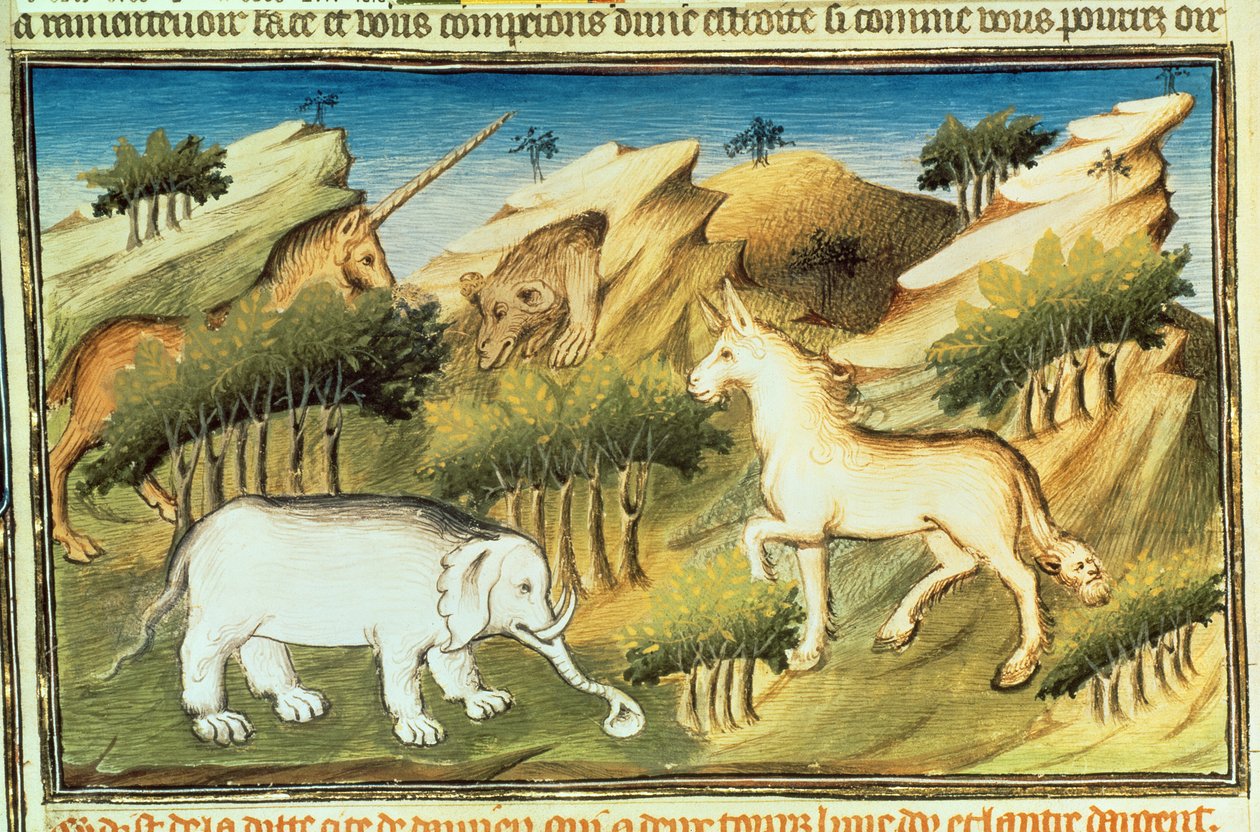 Sra. Fr 2810 f.59v, animais mticos no deserto, de "O Livro das Maravilhas do Mundo", c.1410-12 (tempera sobre velino) de Boucicaut Master