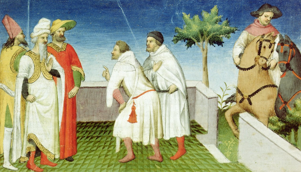 Sra. Fr 2810 f.6, Nicolo, Marco e Matteo Polo saindo do Grande Khan, Maravilhas do Mundo, c.1410-12 (têmpera sobre velino) de Boucicaut Master