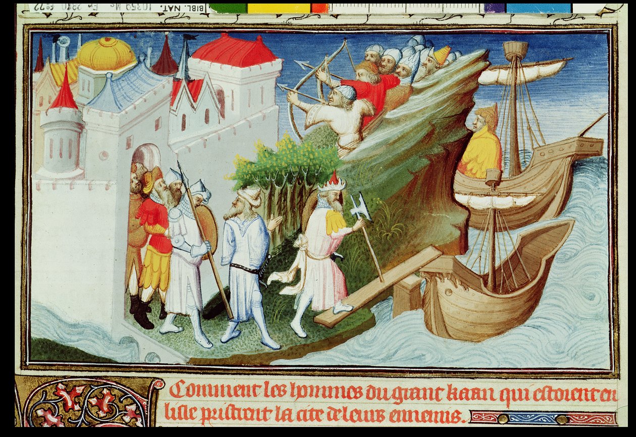 Sra. Fr 2810 f.72, Os soldados do Grande Khan levam a ilha de Sypangu, de &39;Livre des Merveilles du Monde&39;, c.1410-12 (tempera sobre velino) (ver também 220421) de Boucicaut Master