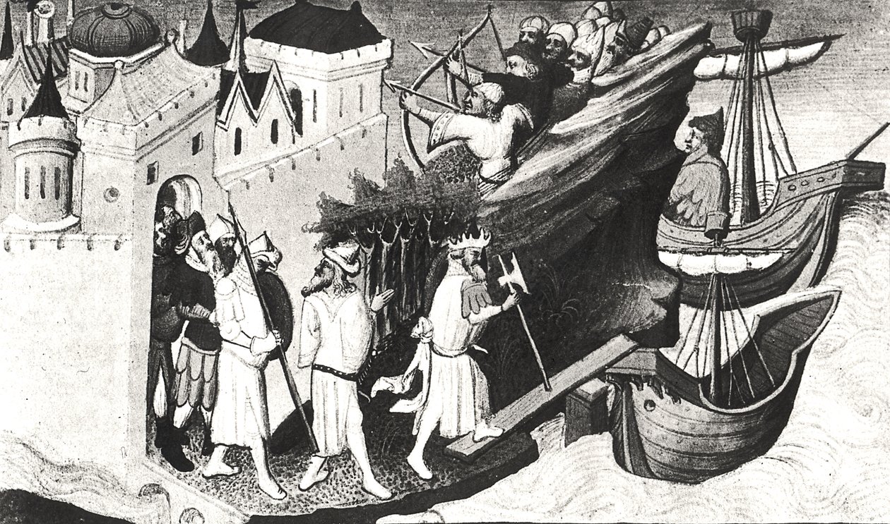 Sra. Fr 2810 f.72, Os soldados dos Grandes Khans tomam a ilha de Sypangu, do Livre des Merveilles du Monde, c.1410-12 (têmpera sobre velino) (ver também 176644) de Boucicaut Master