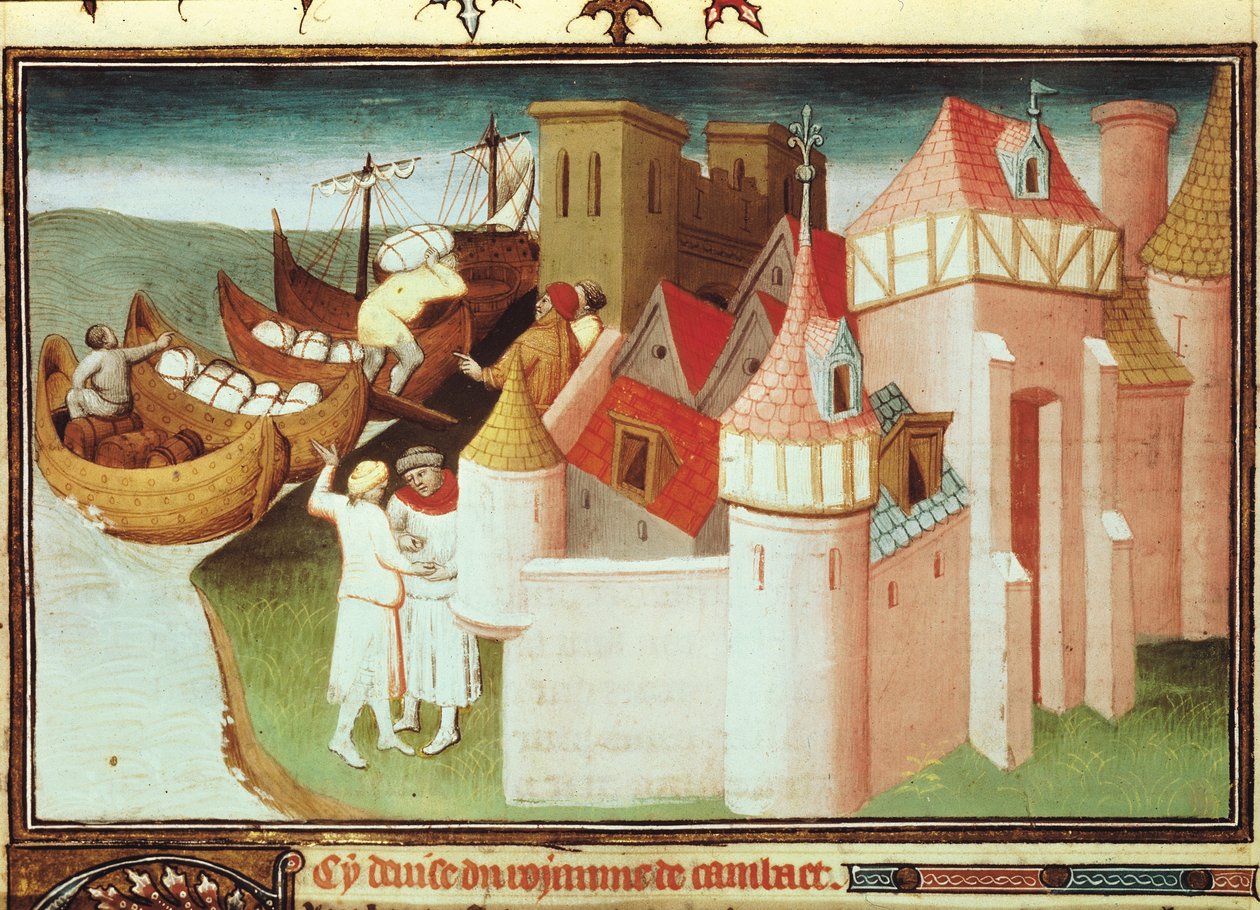 Fr. Pe 2810 f.86v, Comércio no Golfo de Cambay, Índia, do "Livro das Maravilhas do Mundo", c.1410-12 (tempera sobre velino) de Boucicaut Master