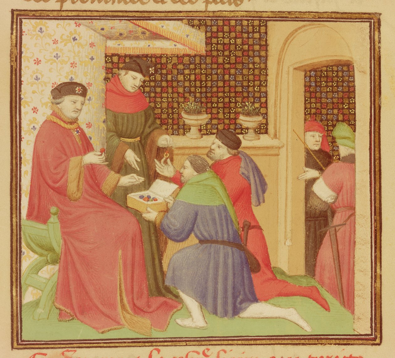 Sra. Pe 9141 fol.235 O Duque Recebendo Pedras Preciosas, de "O Livro da Propriedade das Coisas" por Barthelemy o Inglês, c.1405 de Boucicaut Master