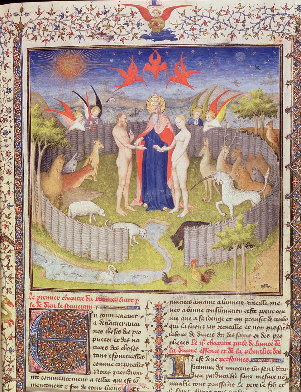 Ms 251, f.16r: O casamento de Adão e Eva de Des Proprietes De Choses, c.1415 folha de ouro, tinta dourada e têmpera sobre detalhe de pergaminho de 276966 de Boucicaut Master